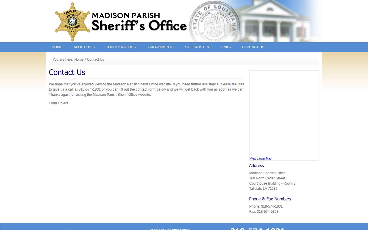Madison Parish Sheriff's Office booking record contact page