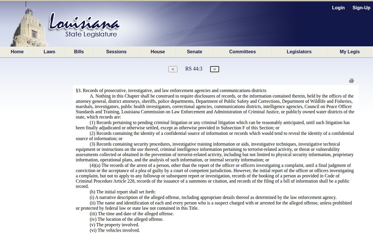 Louisiana law enforcement records exceptions statute